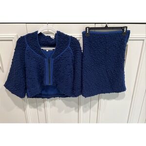 Brian Reyes Blue Popcorn Knit Skirt Suit Set Designer Luxury Retro Minimalist